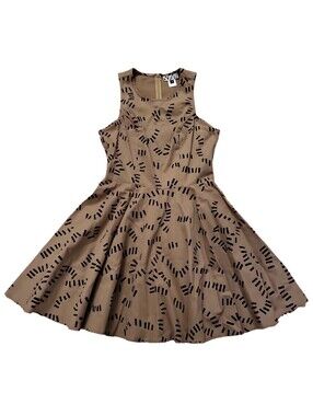 Dusen Dusen Anthropologie Tan Black Dashes Fit & Flare Skater Dress Size 4 USA